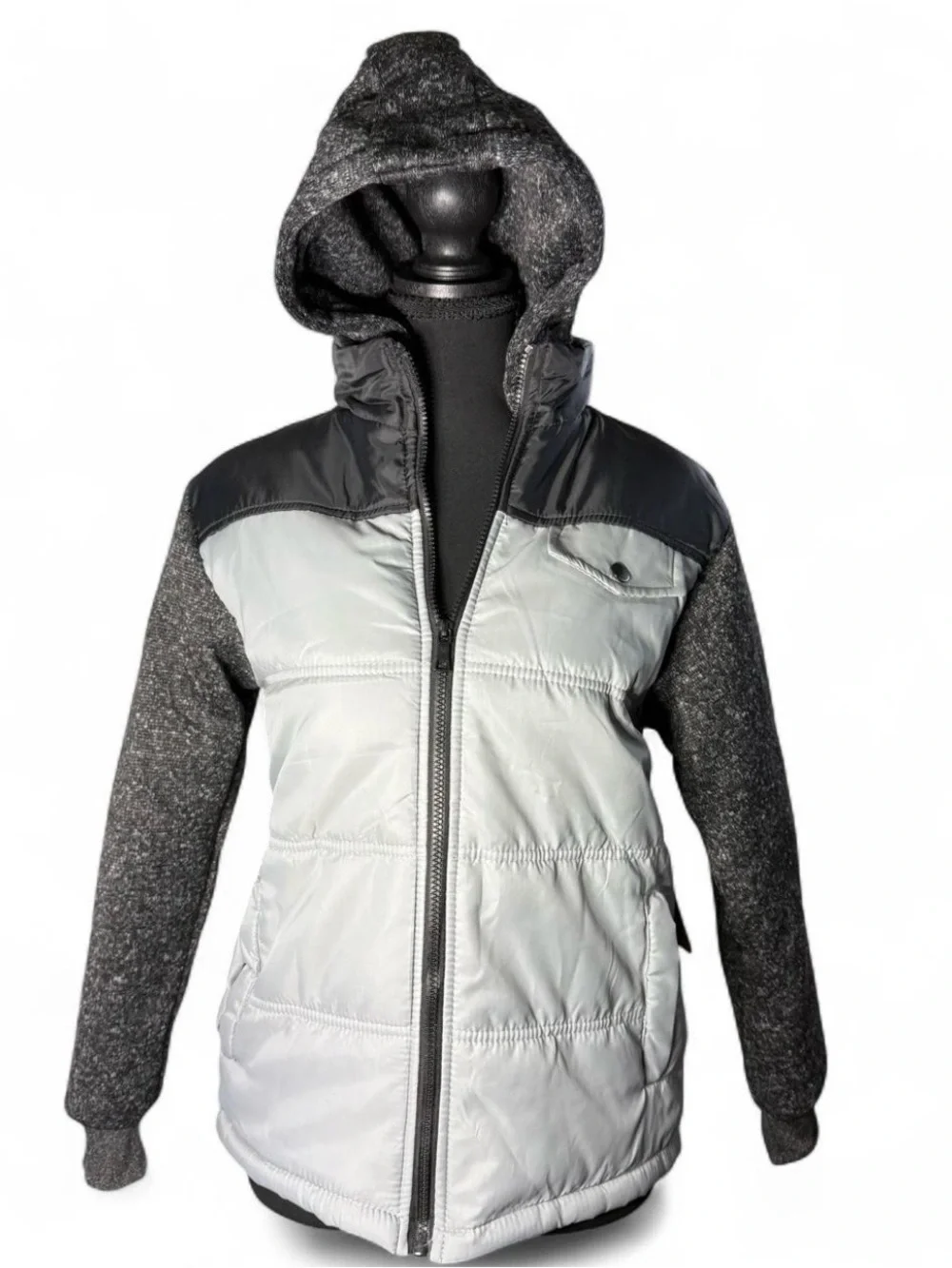 Brooklyn Laundry Boys Puffer Jacket Gray Black Knit Sleeve Hooded Size L NEW